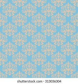 Damask blue seamless pattern. Excellent for fashion textile design. Vector background.