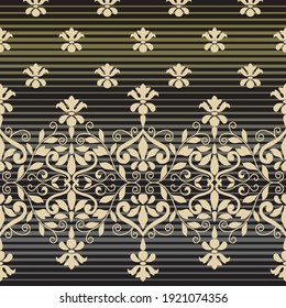 Damask border with foulard on ombre stripe field, seamless, victorian, greek