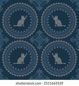 Damask Cat Medallion pattern repeat vector file damask design traditional wallpaper design.