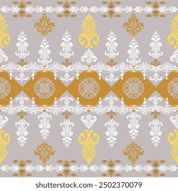 Damask, classic fabric yellow horizontal pattern Vector seamless Illustration for Elegant Textile design on gray background