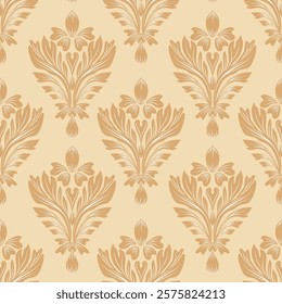 Damask classic seamless pattern, beige and gold color, vector illustration elegant for textile design, wall paper, bedding, curtain, cushion, upholstery fabric, interior, vintage, Victorian, luxury