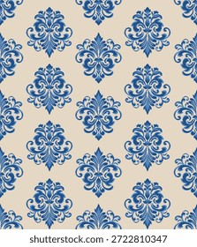 Modelo inconsútil clásico de Damasco con las flores azules, Ilustración vectorial elegante para la materia textil, tela, papel de pared, cortina, cubierta del cojín, alfombra, ropa de cama, tela de tapicería, moda, envoltura, decoración, vintage, estilo barroco
