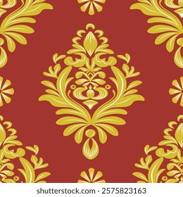 Damask classic seamless pattern with floral, red and gold. vector illustration elegant for textile design, wall paper, bedding, curtain, cushion, upholstery fabric, vintage design, luxury design