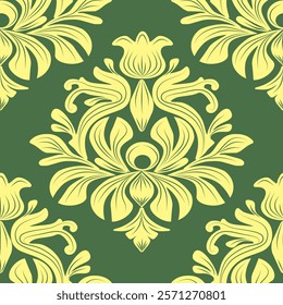 Damask classic seamless pattern with green and light yellow floral, vector illustration elegant for textile design, wall paper, bedding, curtain, decoration, interior, vintage style, luxury