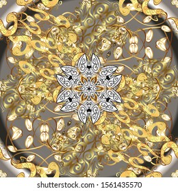 Damask classic white and golden pattern. Golden pattern on gray and yellow colors with golden elements. Vector abstract background with repeating elements.