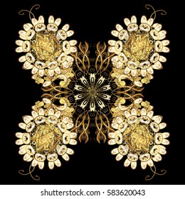 Damask classic white and golden pattern. Vector abstract background with repeating elements. Golden pattern on black background with golden elements.