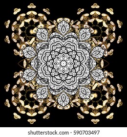 Damask classic white and golden pattern. Vector abstract background with repeating elements. Golden pattern on black background with golden elements.