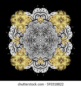 Damask classic white and golden pattern. Vector abstract background with repeating elements. Golden pattern on black background with golden elements.