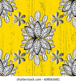 Damask classic white and golden pattern. Vector abstract background with repeating elements. Golden pattern on yellow background with golden elements.