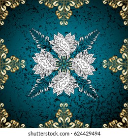 Damask classic white and golden pattern. Vector abstract background with repeating elements. Golden pattern on blue background with golden elements.