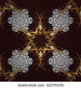 Damask classic white and golden pattern. Vector abstract background with repeating elements. Golden pattern on brown background with golden elements.