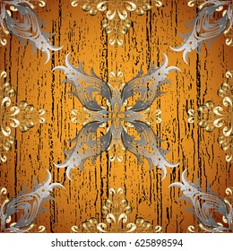 Damask classic white and golden pattern. Vector abstract background with repeating elements. Golden pattern on yellow background with golden elements.