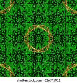 Damask classic white and golden pattern. Vector abstract background with repeating elements. Golden pattern on green background with golden elements.