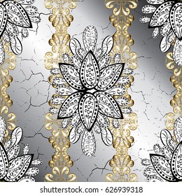 Damask classic white and golden pattern. Vector abstract background with repeating elements. Golden pattern on gray background with golden elements.