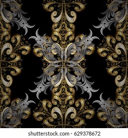 Damask classic white and golden pattern. Vector abstract background with repeating elements. Golden pattern on brown background with golden elements.