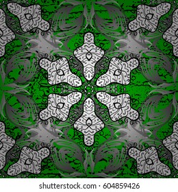 Damask classic white pattern. Vector abstract background with repeating elements. White pattern on green background with white elements.