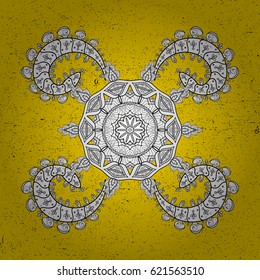 Damask classic white pattern. Vector abstract background with repeating elements. White mandala on yellow background with white elements.
