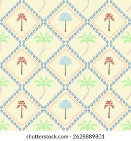 Damasco Colorido Palmeira Floral Padrão Sem Costura. Moderna ilustração tropical de Damasco. Design para tecido, azulejo, tapete, bordados, envoltório, papel de parede e fundo