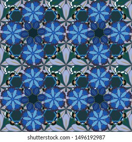 Damask design. Seamless pattern oriental ornament in baroque style. Traditional classic vector pattern in blue, brown and green.