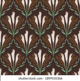 Damask design seamless wallpaper. Modern ornament with white calla flowers repeated. Trendy colors, dark brown background. Green floral frame. Botanical print with mimosa round shape flowers on sticks