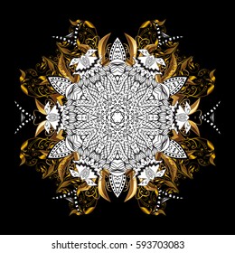 Damask for design. Vector on black background with golden elements and with white doodles. Vector illustration.