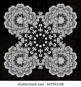 Damask for design. Vector on black background with white elements and with doodles. Vector illustration.
