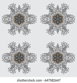 Damask for design. Vector on gray background with dim elements and with white doodles. Vector illustration.