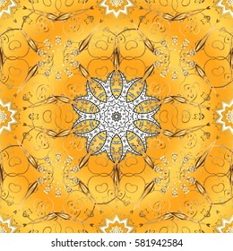 Damask for design. Vector on yellow background with golden elements and with white doodles. Vector illustration.