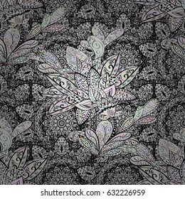 Damask dim abstract flower seamless pattern on gray background. Ornate decoration. Vector illustration.