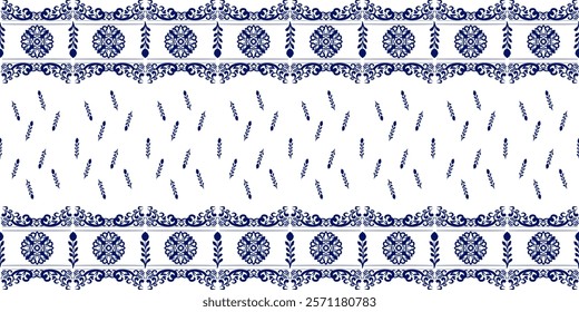 Damask Elegant Blue and White Border Pattern - Traditional Floral Motif Design for Home Decor and Textiles