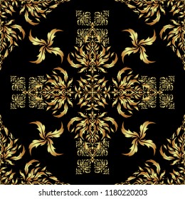 Damask elegant wallpaper. Vector seamless pattern on a black background. Vintage design in a black and golden colors.