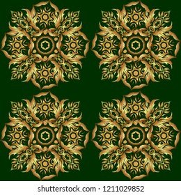 Damask elegant wallpaper. Vector seamless pattern on a green background. Vintage design in a green and golden colors.