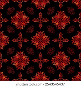 Damask elegant wallpaper. Vector seamless pattern on a black background. Vintage design in a black and golden colors.