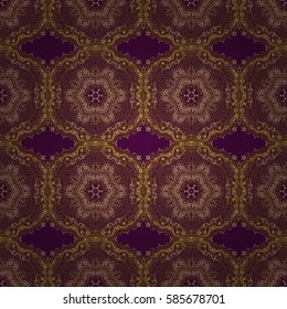 Damask elegant wallpaper. Vector seamless pattern on a purple background. Vintage design in a purple and golden colors.