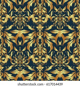 Damask elegant wallpaper. Vector seamless pattern on a blue background. Vintage design in a blue and golden colors.