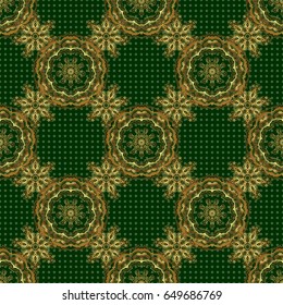 Damask elegant wallpaper. Vector seamless pattern on a green background. Vintage design in a green and golden colors.