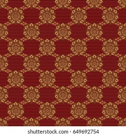 Damask elegant wallpaper. Vector seamless pattern on a red background. Vintage design in a red and golden colors.