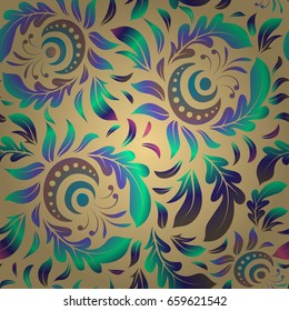 Damask elegant wallpaper. Vector seamless pattern. Vintage design in a beige, violet and brown colors.