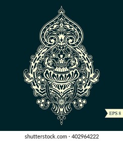 Damask element with bouquet, vase, branches, berries. Classic motif fabric, postcards, greeting, advertising, T-shirts, coloring, menu. Celtic style. Vector design. Flower pattern. Zentangle ornament.