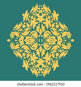Damast-Element im klassischen Stil auf grünem Hintergrund. Königliche Vorlage. Silhouette-Vektorgrafik. Vektormuster. Royal Damask Element für Druckgestaltung.