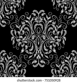 Damask embroidery floral seamless pattern. Black white grunge background. Embroidery flowers, swirl leaves, lines, vintage ornaments. Embroidered isolated vector texture. Decorative tapestry design.
