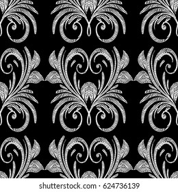 Damask embroidery seamless pattern. Floral  background wallpaper illustration with vintage tapestry  russian ornament, swirl leaves and abstract love hearts.Vector isolated grunge arras texture