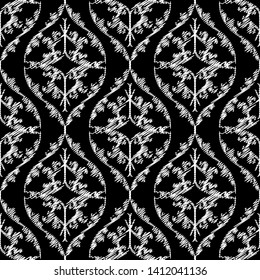 Damask embroidery vector seamless pattern. Baroque tapestry black and white background. Vintage embroidered ornament. Repeat textured backdrop. Ornate grunge stitching style design. Endless texture