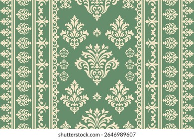 Damask Ethnic Ikat Floral Pattern in Traditional Seamless Embroidery Style, Abstract Ornamental Textile Fabric Design for Clothing, Home Decoration and Background Illustration.