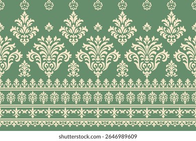 Damask Ethnic Ikat Floral Pattern in Traditional Seamless Embroidery Style, Abstract Ornamental Textile Fabric Design for Clothing, Home Decoration and Background Illustration.