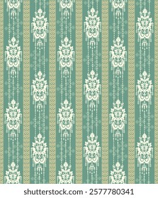 Damask fabric pattern, ethnic style, vertical damask fabric pattern, green, cream, for textile design, clothes, blankets, curtains, carpets, bags, etc. as required.
