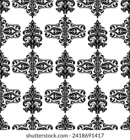 Damask Fabric textile seamless pattern Luxury decorative  Ornamental floral divider Black line vintage decoration element white Background. Curtain, carpet, wallpaper, clothing, wrapping, textile