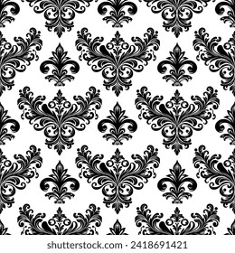 Damask Fabric textile seamless pattern Luxury decorative  Ornamental floral divider Black line vintage decoration element white Background. Curtain, carpet, wallpaper, clothing, wrapping, textile