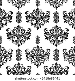 Tela Damask Tejido tejido sin costura Patrón decorativo de lujo divisor de flores ornamental Color de la línea negro decorativo elemento blanco Fondo. Cortina, alfombra, papel pintado, ropa, envoltura, textiles