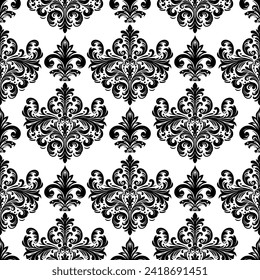Damask Fabric textile seamless pattern Luxury decorative  Ornamental floral divider Black line vintage decoration element white Background. Curtain, carpet, wallpaper, clothing, wrapping, textile